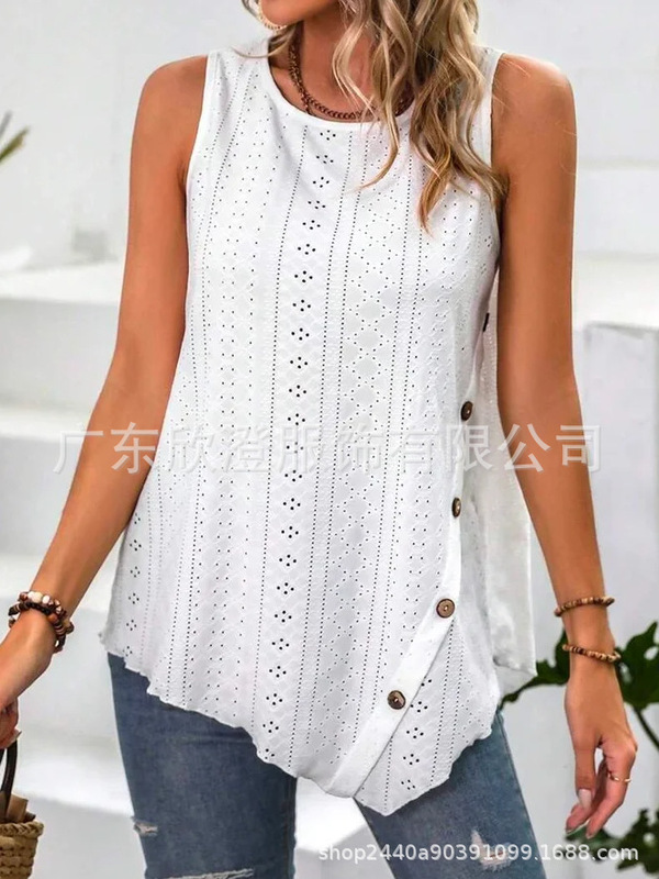 In stock 2023 European and American cross-border Amazon independent station wish new round neck casual eyelet embroidered button T-shirt