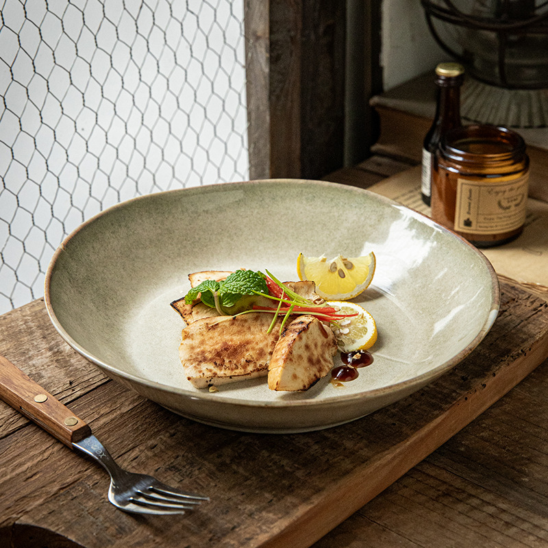 Yunhuang hace la antigua personalidad de platos de hoja de loto 9 pulgadas de cerámica profunda platos de platos de platos característicos retro platos caseros ensalada