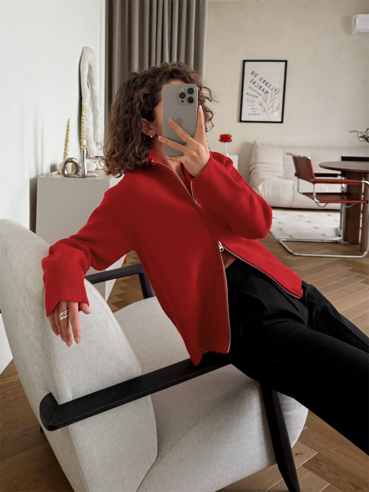Áo khoác cardigan len dệt kim cổ đứng khóa kéo hai chiều dài tay — Màu nâu cà phê, Màu trắng, màu đen, màu đỏ chi tiết 16