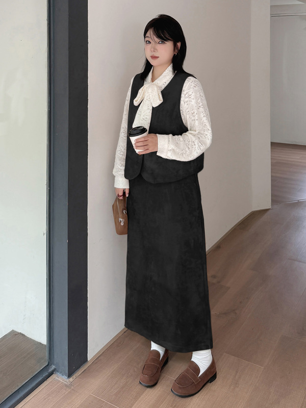 美拉德风麂皮绒套装2025秋胖mm200斤甜美蕾丝衬衣三件套413214T22|undefined