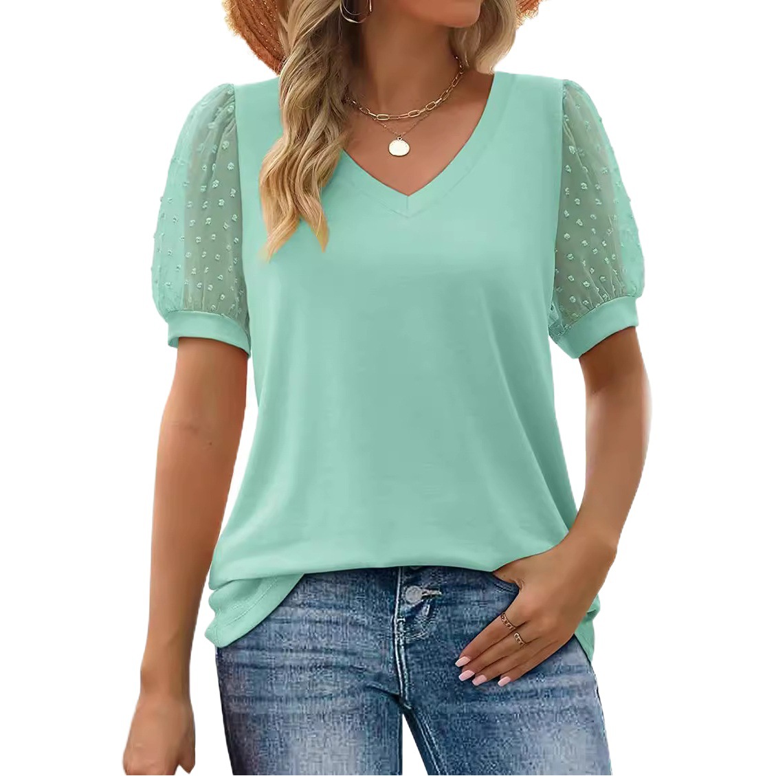 2023 Verano nueva ropa de mujer transfronteriza europea y americana Amazon Camiseta de mujer de color sólido con cuello en V de malla simple manga de soplo