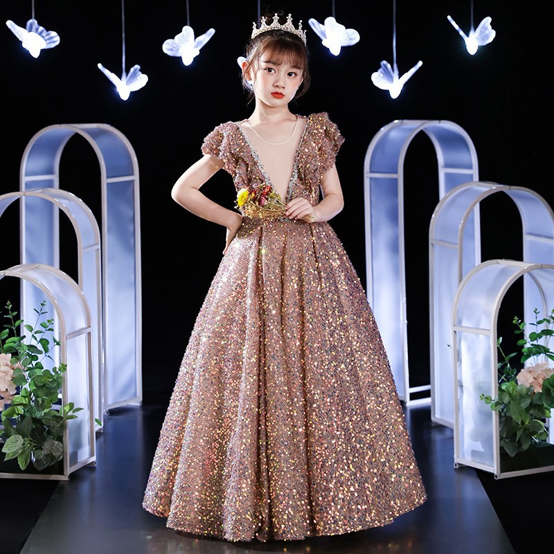 Festlig prinsessklänning för flickor i spets och tyll rosa guld_voghion.com
