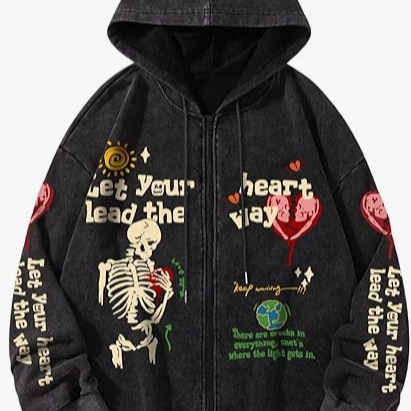 Men's 3D Printed Pattern Hoodie Grunge Retro Lightweight Hip-Hop Zip-Up Sweatshirt