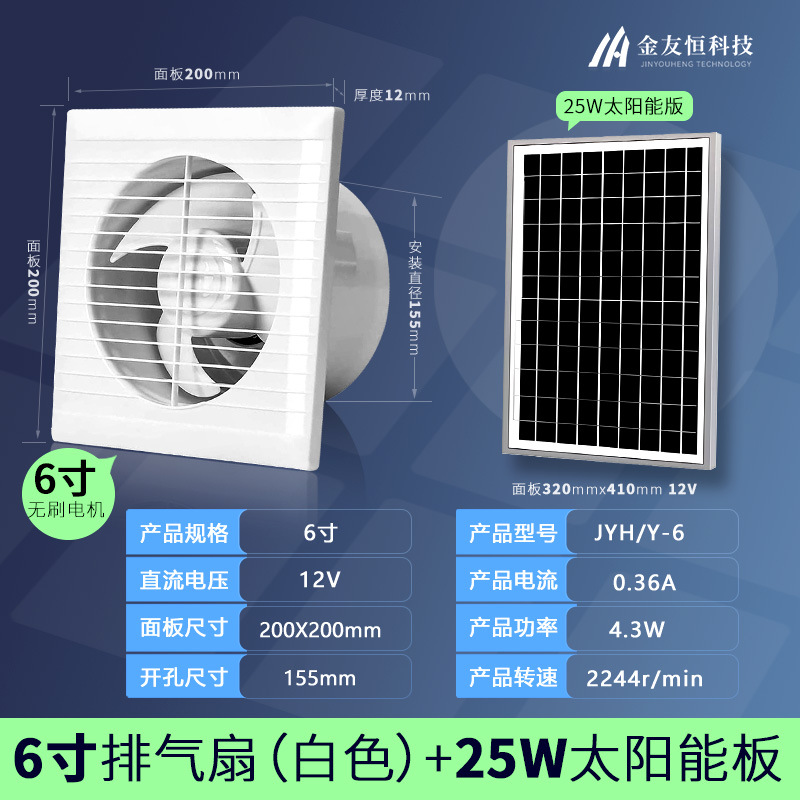 브러시리스 - 흰색 원형 6인치 12V 팬 + 25W 태양광 패널