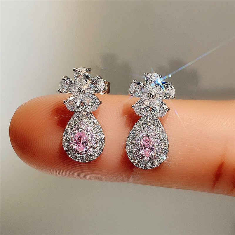Pendientes largos de corazón rosa estilo flor de lujo_voghion.com