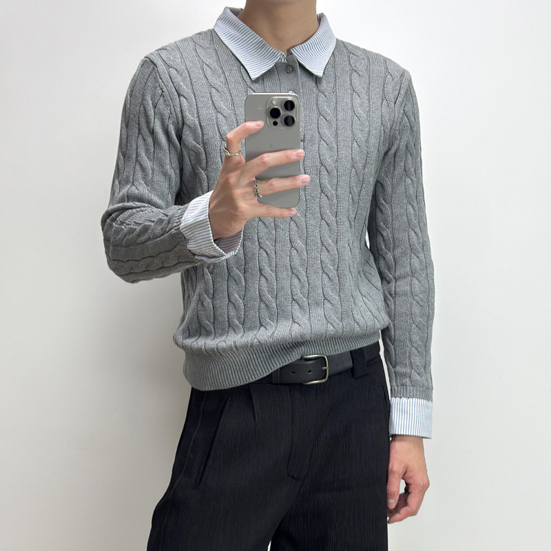 假两件拼接条纹毛衣男高级感老钱风麻花纹Polo毛衣cleanfit针织衫|undefined