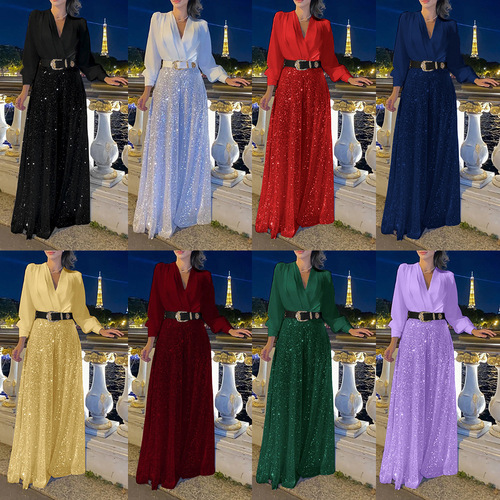 Cross-border European and American-style new fashion V-neck long-sleeved shirt with elegant temperament, waist-defined slimming effect, and sequined wide-leg pants—complete with a belt.