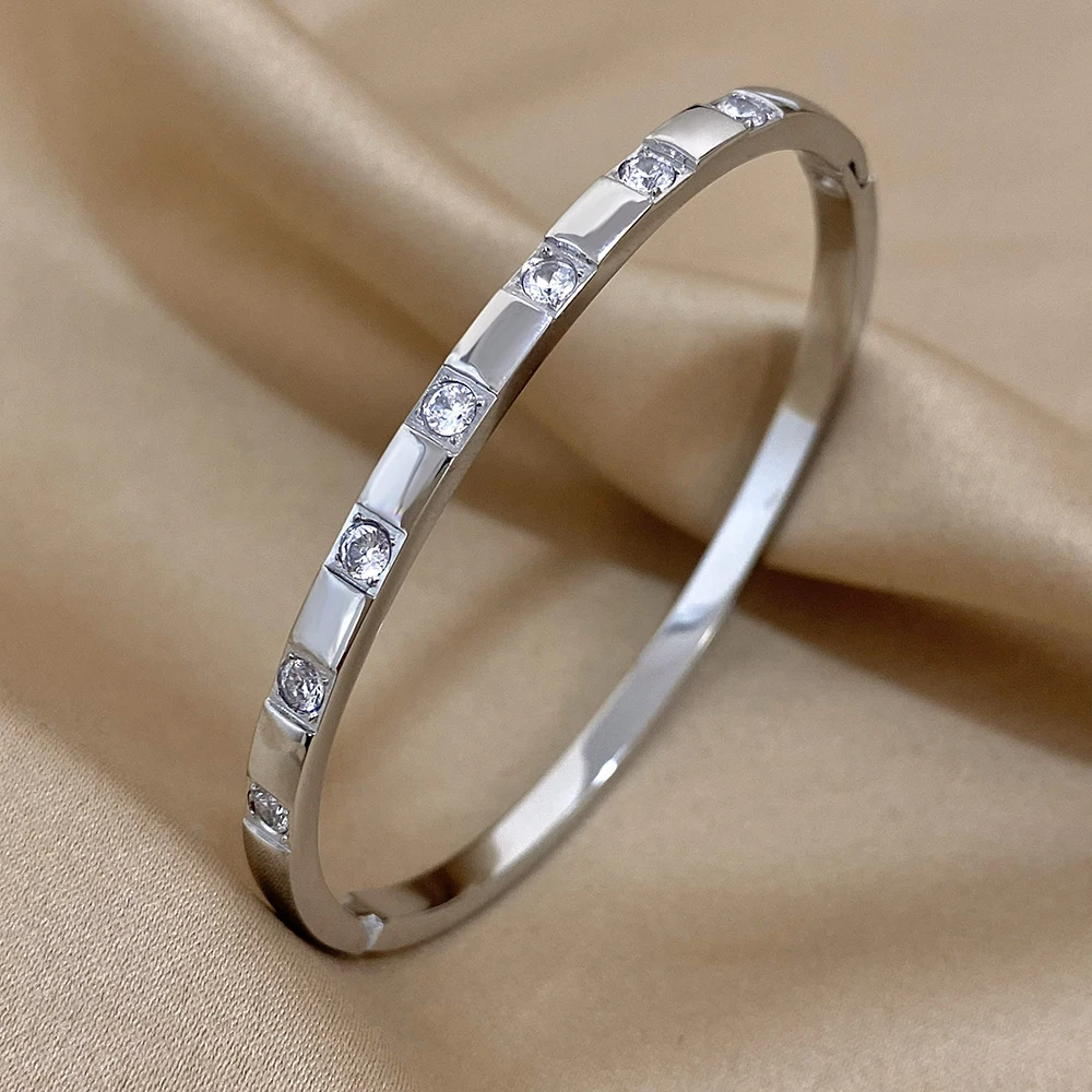 Holiday, Daily Occasion Titanium Steel Material Simple Style Solid Color Titanium Steel Zircon Bangle In Bulk