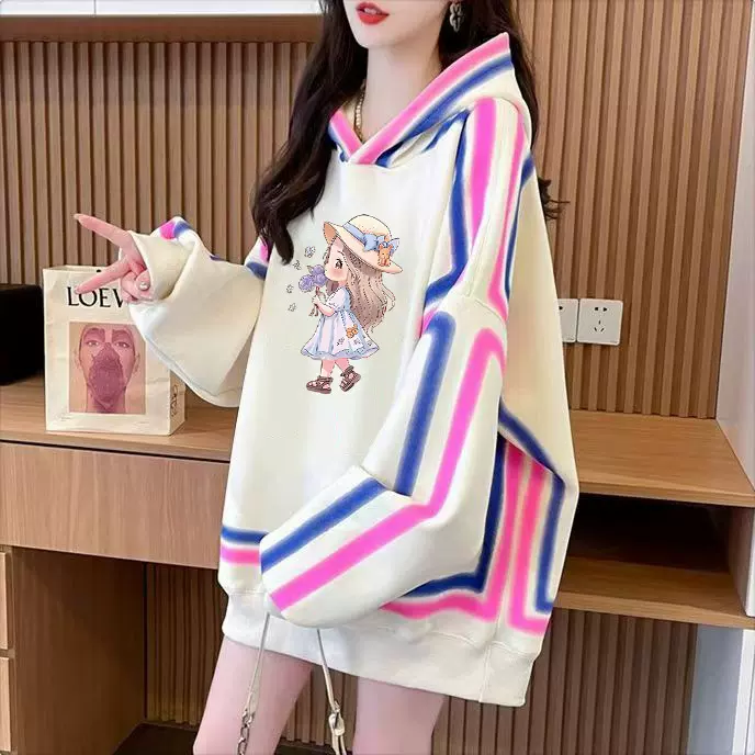 秋冬加绒加厚爆款撞色线条宽松卫衣女甜美风减龄中长款显瘦上衣潮