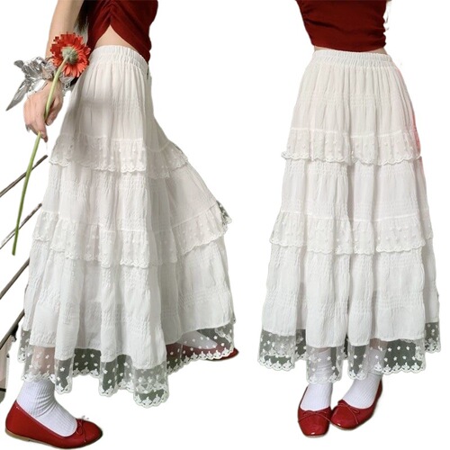 White Semi-Body Skirt for Women, Design-Focused Lace Edge Tiered Cake Skirt, Spring and Summer High-Waist French Style Maxi Dress with Large A-Line Skirt