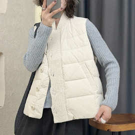 韩版立领羽绒服女2024冬季新款拼接针织白鸭绒简约百搭宽松外套