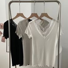 天丝羊毛前V后V蕾丝短袖