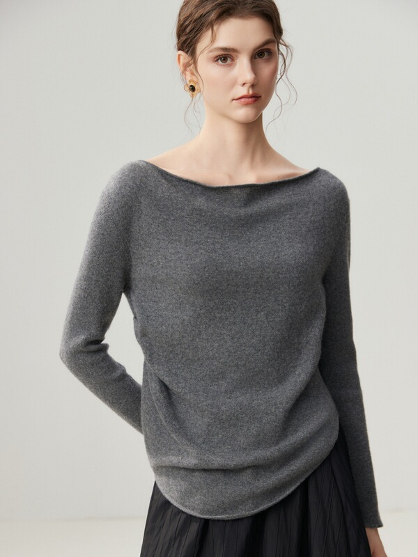 / Casual and relaxed style_ Women's cashmere knit sweater with a one-shoulder neckline, rolled hem, and a chic, understated elegance / Casual and relaxed style_ Women's cashmere knit sweater with a one-shoulder neckline, rolled hem, and a chic, understated elegance