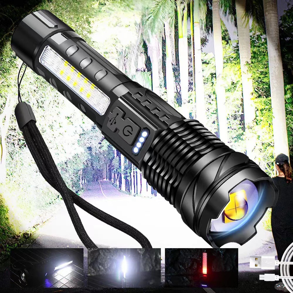 跨境新款强光手电筒usb充电户外照明30W白激光手电筒带COB工作灯