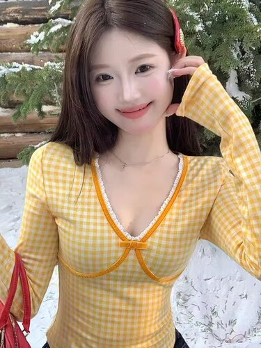 【Original Workmanship】Korean Yellow Check V-Neck Long-Sleeve T-Shirt for Women Autumn Sweet and Spicy Girl Base Layer Lace Camisole Top