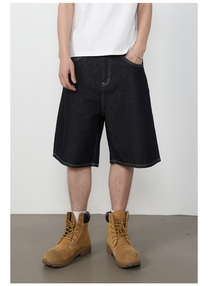Quần short jean nam lửng ống rộng dáng suông phong cách retro, chất liệu denim thô — Denim đen, Xanh denim chi tiết 11