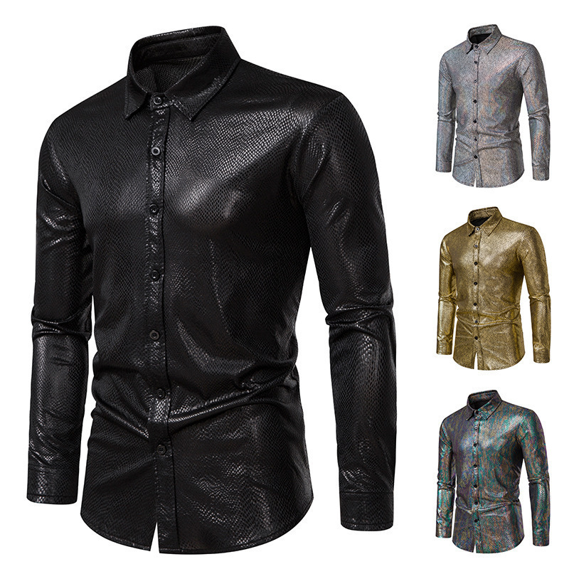 2025 Amazon New Model Snakeskin Gold-Stamped Banquet Fashion Men's Long-Sleeve Shirt Shiny Shirt