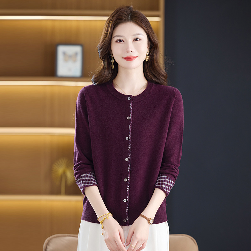 秋冬新款羊毛针织衫开衫圆领长袖百搭针织衫妈妈毛衣时尚100%毛，女装针织衫/毛衣，妃慕昵服饰