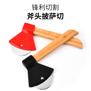 in stock Wholesale Axe Stainless Steel Pizza Cutter Baking Pizza Knife Round Pancake Cutter Bamboo Handle Dishaker