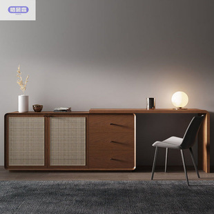 Nordic Minimalist Modern Rattan Desk Small Apartment Household Telescopic Writing Desk Bedroom Study Computer Office Desk and Chair