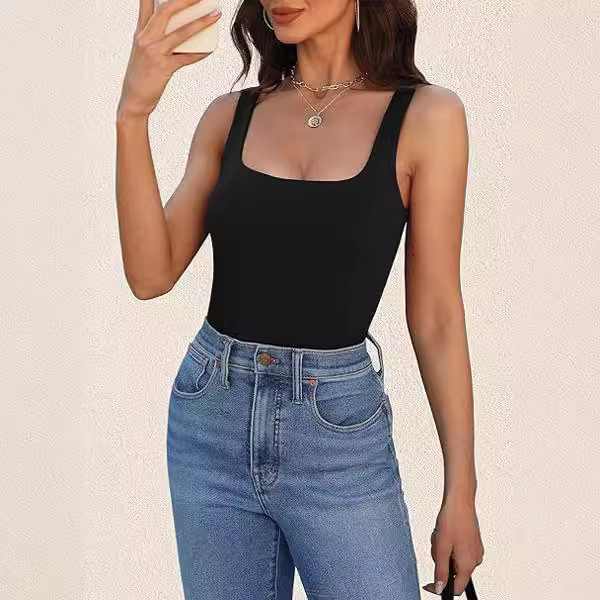 Cross-border European and American Women's T-shirt 2024 New Summer Fashion Sleeveless Vest Square Collar Vest Slim Threaded Short Top