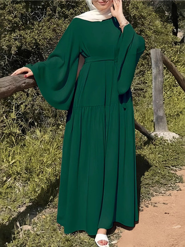 Muslim Commuter Holiday Leisure Flared-Sleeve Dress for Women, 2024 Winter New Arrival Simple Long-Sleeved Pullover Robe