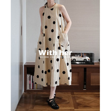 与她原创小众设计 吊带挂脖无袖波点亲子中长款棉麻宽松A字连衣裙