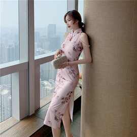 甜美民族风樱花粉复古花朵印花少女气质镂空珍珠开叉旗袍连衣裙