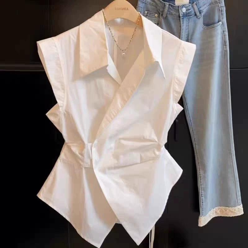 Белая рубашка с завышенной талией для женщин 2025, новая летняя высококачественная универсальная топ для стройности, без рукавов