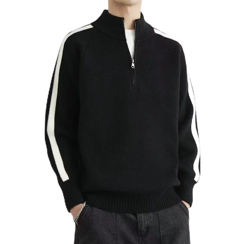 Explosiones transfronterizas de tamaño europeo gran collar Henry collar medio cremallera camiseta de punto suéter hombre rayas otoño invierno fábrica al por mayor