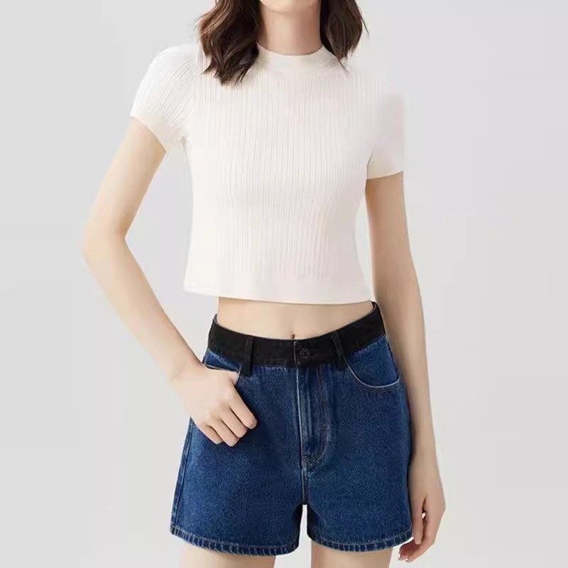 Áo thun nữ cổ tròn tay ngắn chất liệu len lụa rỗng mỏng mùa hè — Màu đen chi tiết 4