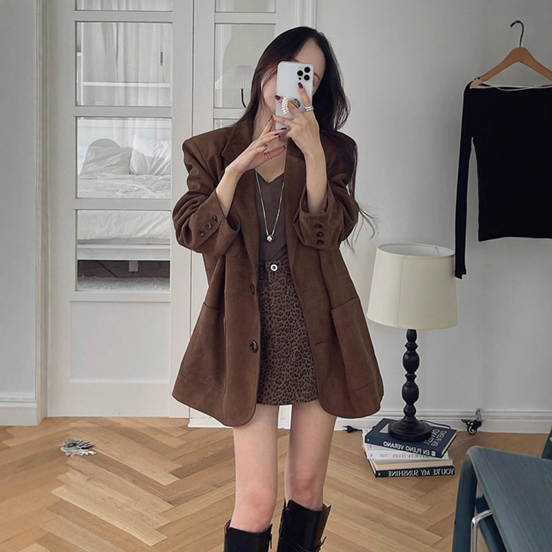 Korean Chic Autum French High-End Loose Casual Double Flap Pocket Pants Long-Sleeved Pure Color Suede Suit Jacket for Women