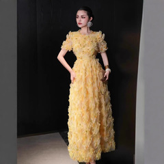 2025 新しい夏の女性のニッチ立体蝶の花絶妙な装飾ドレスレースパフスリーブロングスカート