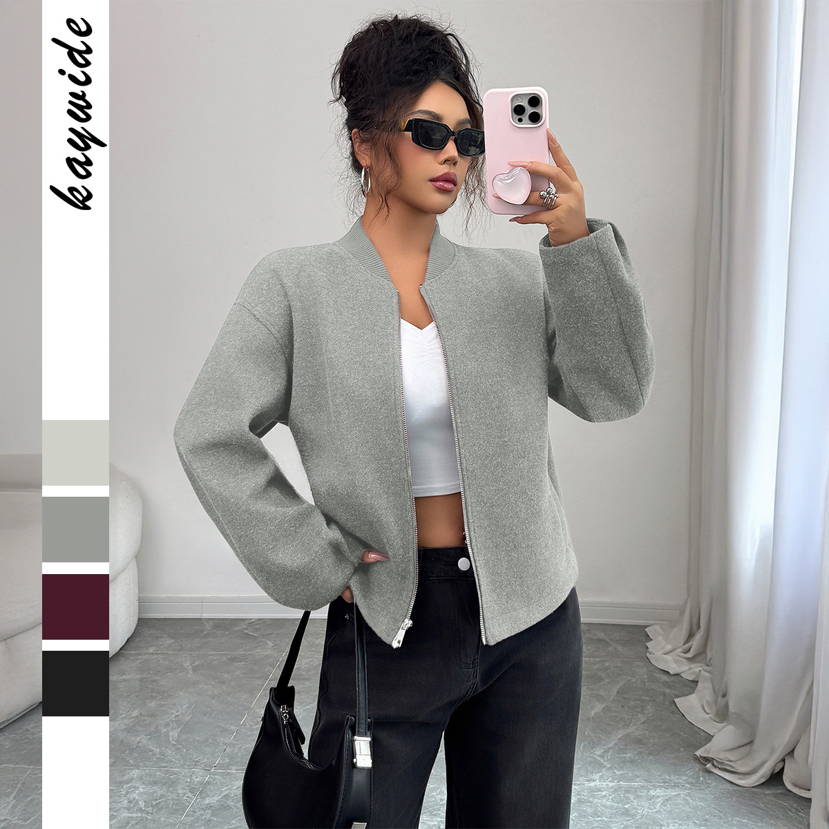 Elegant Zip-Up Long Sleeve Jacket – Polyester Wrinkle-Resistant Coat For Women (D2547010) Full-Zip Versatility_voghion.com