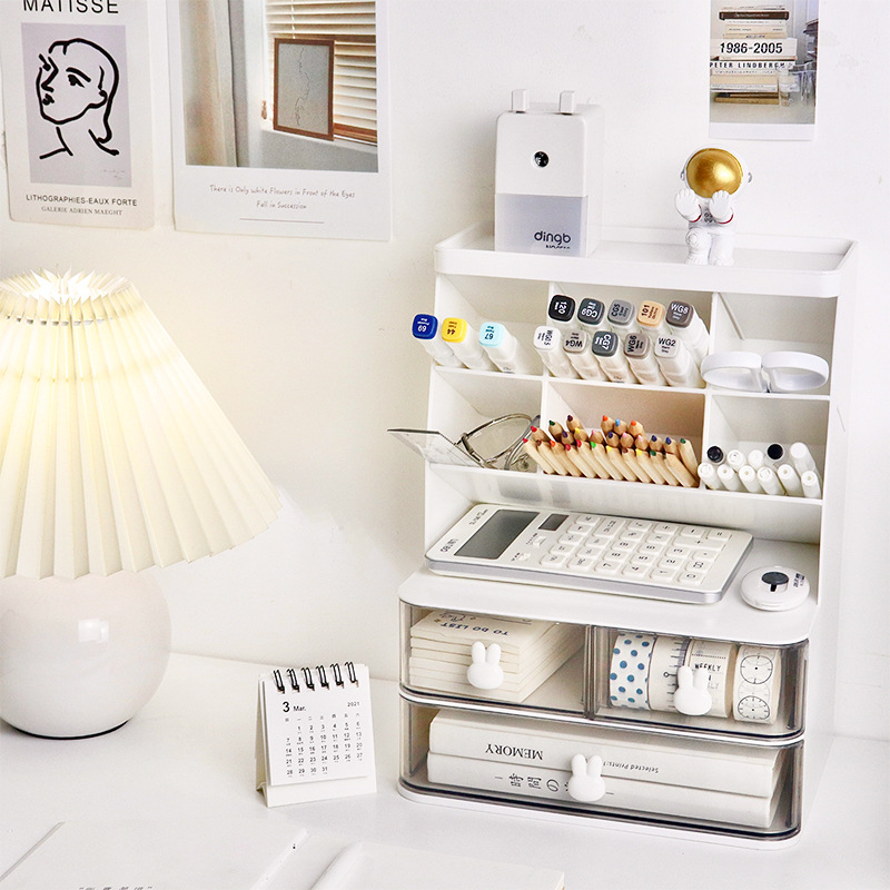Conejo de escritorio de doble capa estante de almacenamiento transparente tipo cajón apertura esencial dormitorio de estudiantes almacenamiento cosmético