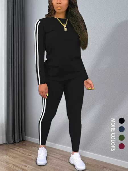 European and American Women's Casual Sports Two-Piece Long-Sleeved Tops with Slim Trousers and Side Stripes Design in Multiple Colors to Choose from