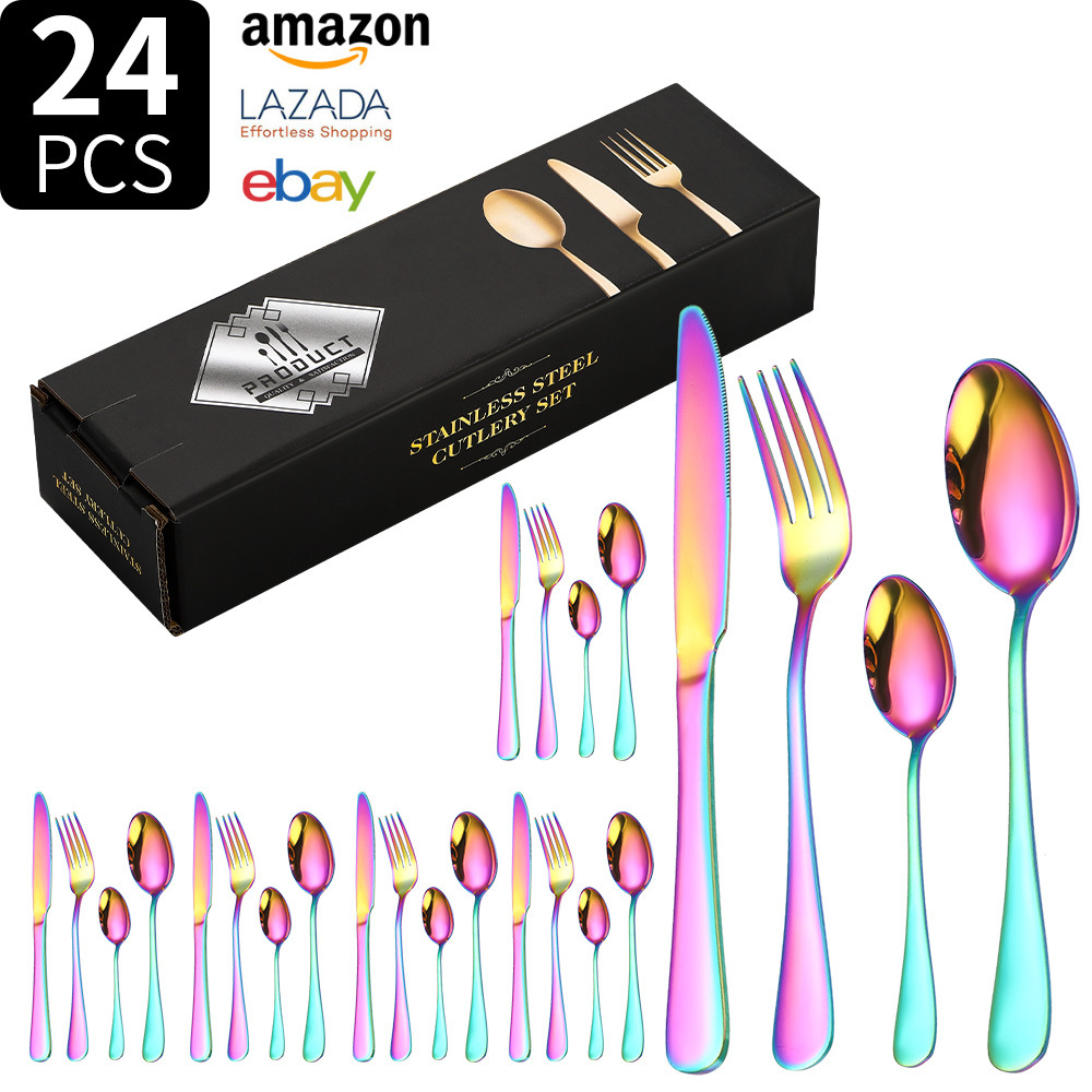 Juego de vajilla de acero inoxidable Transfronterizo Amazon 1010 juego de 24 piezas de vajilla occidental bistec cuchillo tenedor cuchara juego de caja de regalo