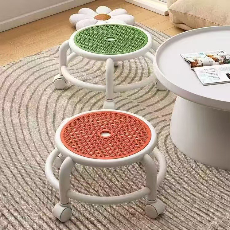 Hollow-Out Breathable Swivel Small Stool with Universal Wheels, Household Stool for Changing Shoes, Mesh Rattan-Like Cooling Stool