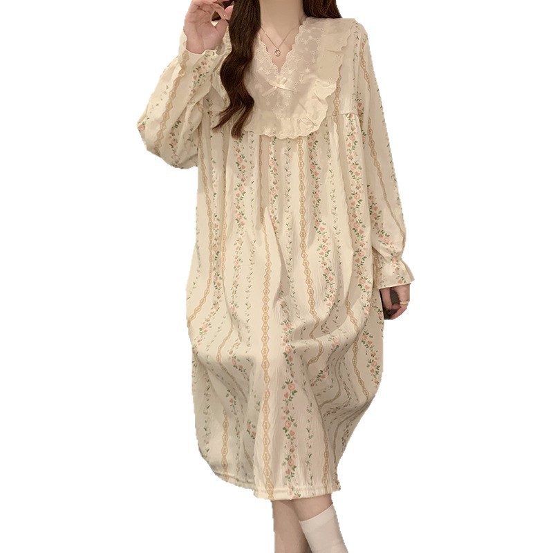 2025 pijama de otoño mujer delgado tejido pijama nubes de algodón de encaje dulce princesa vestido de vestir al por mayor