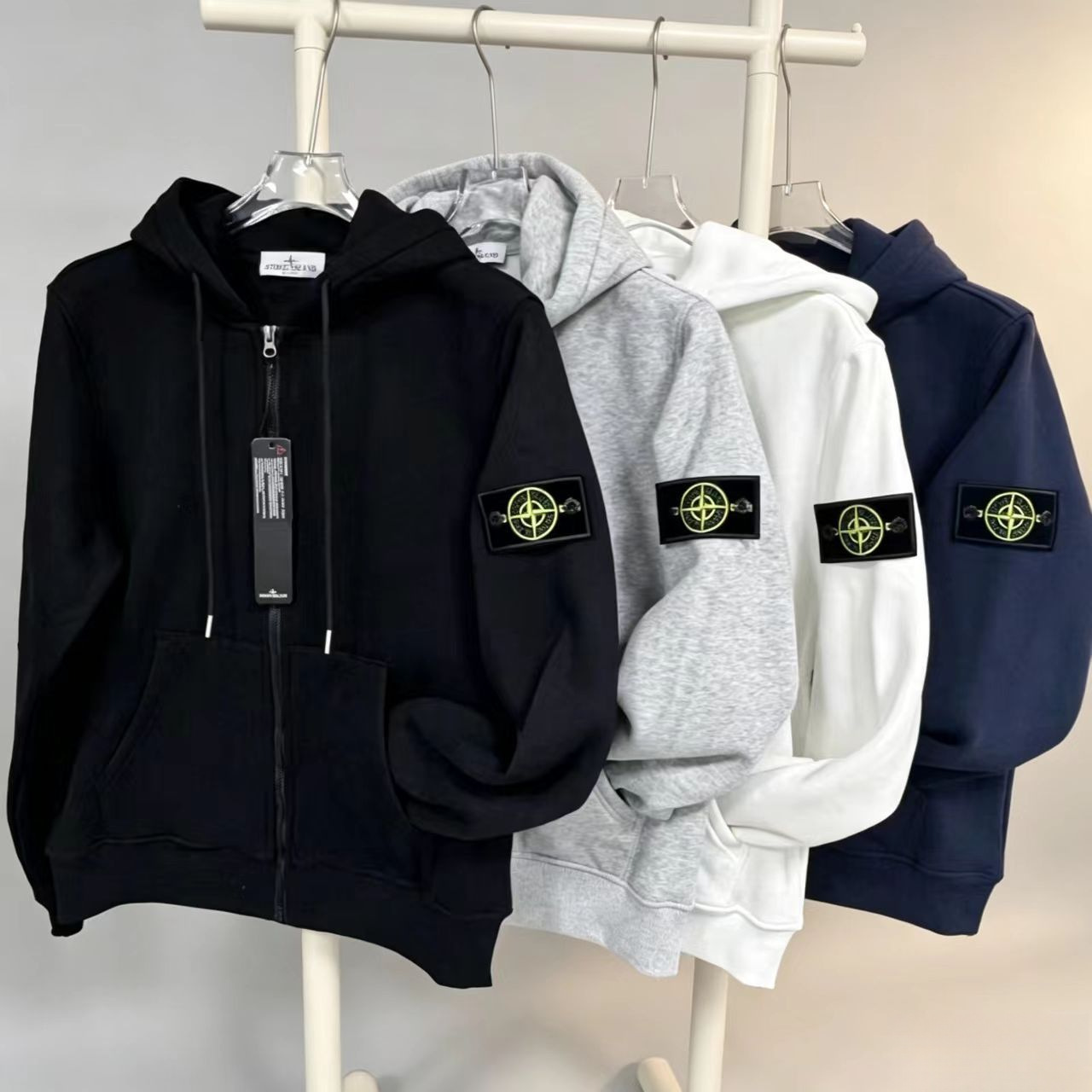 26 Cross-border STONE basic zip-up hooded sweatshirt with sleeve patches and fleece lining, unisex solid color long-sleeve jacket