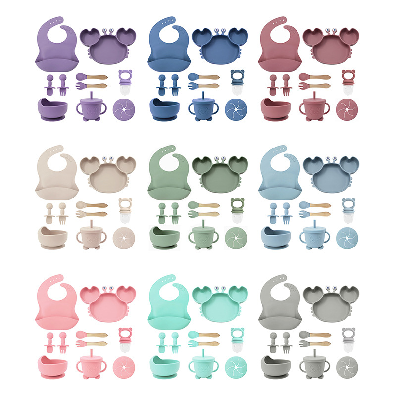 Plato de silicona para niños set de cangrejo para bebés alimentando bacon portátil para comer tenedor cuchara set de bolos de alimentos suplementarios