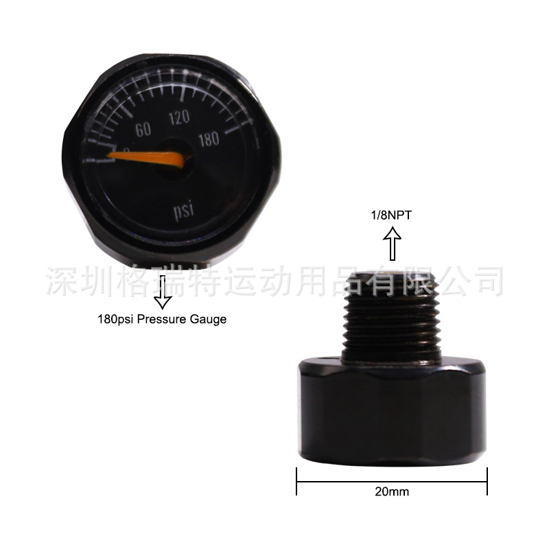 跨境批发180psi全黑1/8NPT螺纹小尺寸压力表二氧化碳测压外径20mm