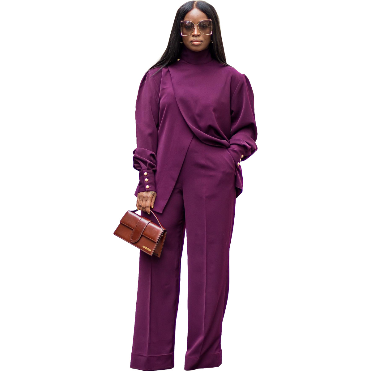 Women's Turtleneck Pant Set Two Piece Long Sleeve Split Outfit_voghion.com