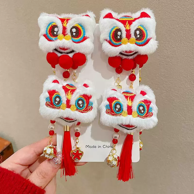 新年儿童醒狮毛绒发夹可爱卡通发卡铃铛流苏发饰女孩春节喜庆头饰