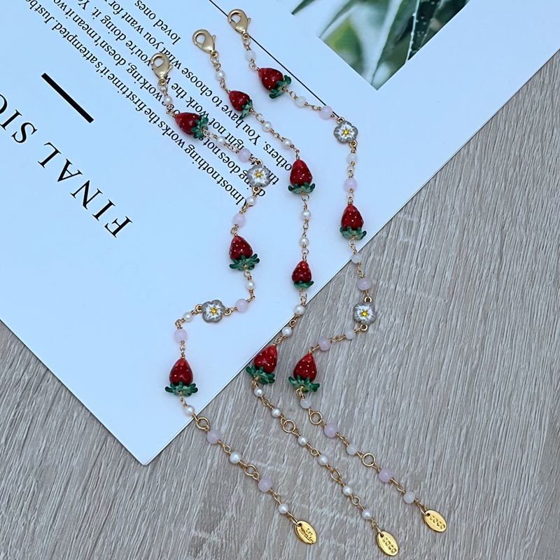 14g Weight Jewelry Set Classification cable chain Chain Type 1 Piece Quantity Daily Occasion natural stone, Enamel Glaze, Copper Material Strawberry Pattern All Seasons Season Women's Gender Plating Design Sweet Style Sweet Strawberry Natural Stone Enamel Glaze Copper Cable Chain Jewelry Set In Bulk 2