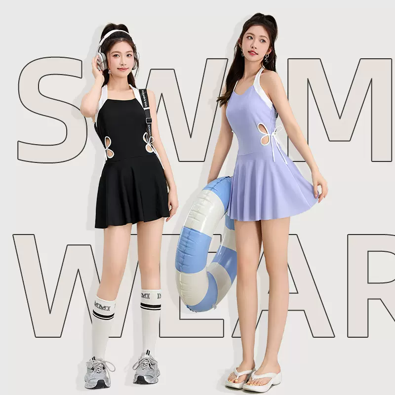 连体裙式无袖款泳衣女保守遮肉透气高级感泡温泉度假泳装批发