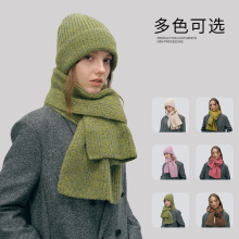 跨境新款纯色羊毛混纺针织帽子围巾两件套男女通用秋冬季加厚保暖