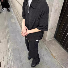 褶皱纹理解构拉链翻领衬衫男2024年夏季新款小众cleanfit休闲上衣