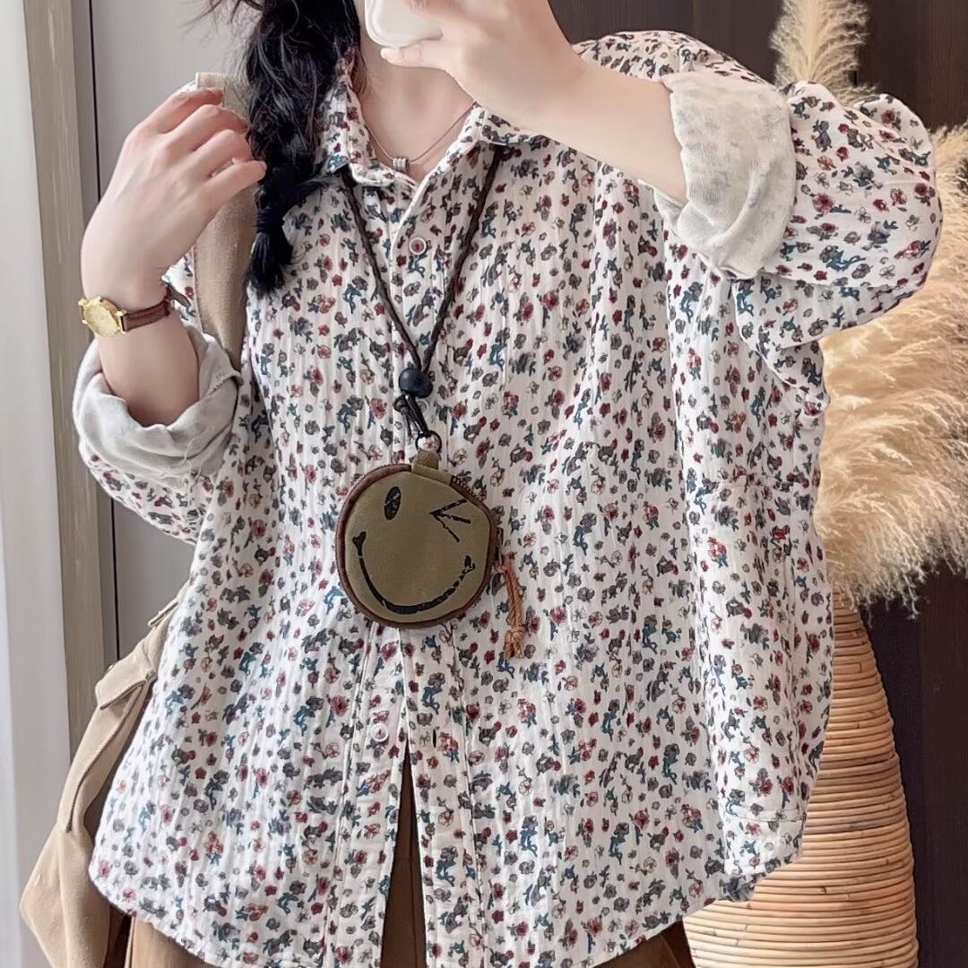 2024 spring new fresh double-layer cotton yarn printed lapel shirt Women's loose Western style casual floral shirt