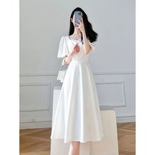 女神范方领连衣裙子2023夏季新款收腰显瘦气质白色初恋长裙女